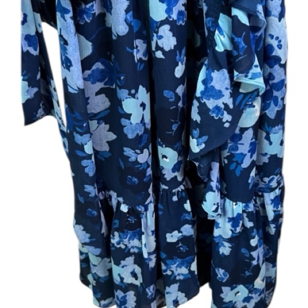J. Crew Blue Floral Long Sleeve Ruffle Collar Midi Dress Size 6 - Picture 6 of 16